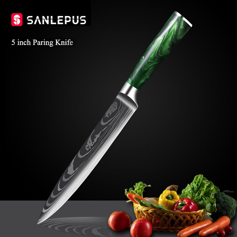 10-Piece Kitchen Knife Set – Laser-Engraved Damascus Pattern