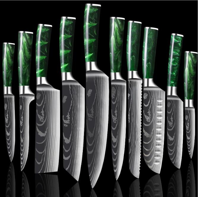 10-Piece Kitchen Knife Set – Laser-Engraved Damascus Pattern