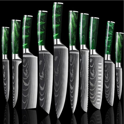 10-Piece Kitchen Knife Set – Laser-Engraved Damascus Pattern