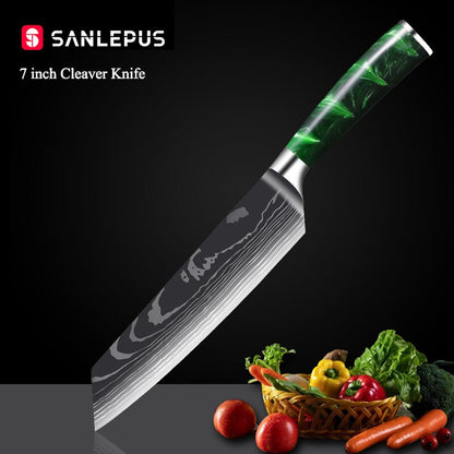 10-Piece Kitchen Knife Set – Laser-Engraved Damascus Pattern