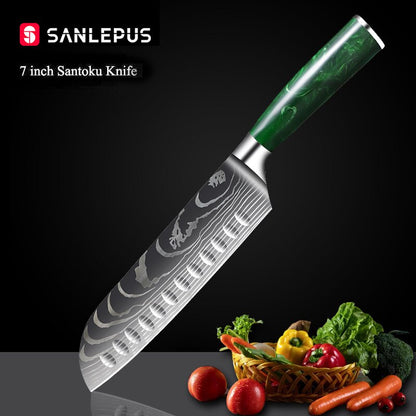 10-Piece Kitchen Knife Set – Laser-Engraved Damascus Pattern