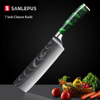 10-Piece Kitchen Knife Set – Laser-Engraved Damascus Pattern