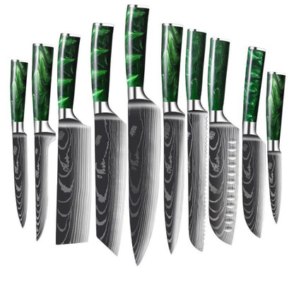10-Piece Kitchen Knife Set – Laser-Engraved Damascus Pattern