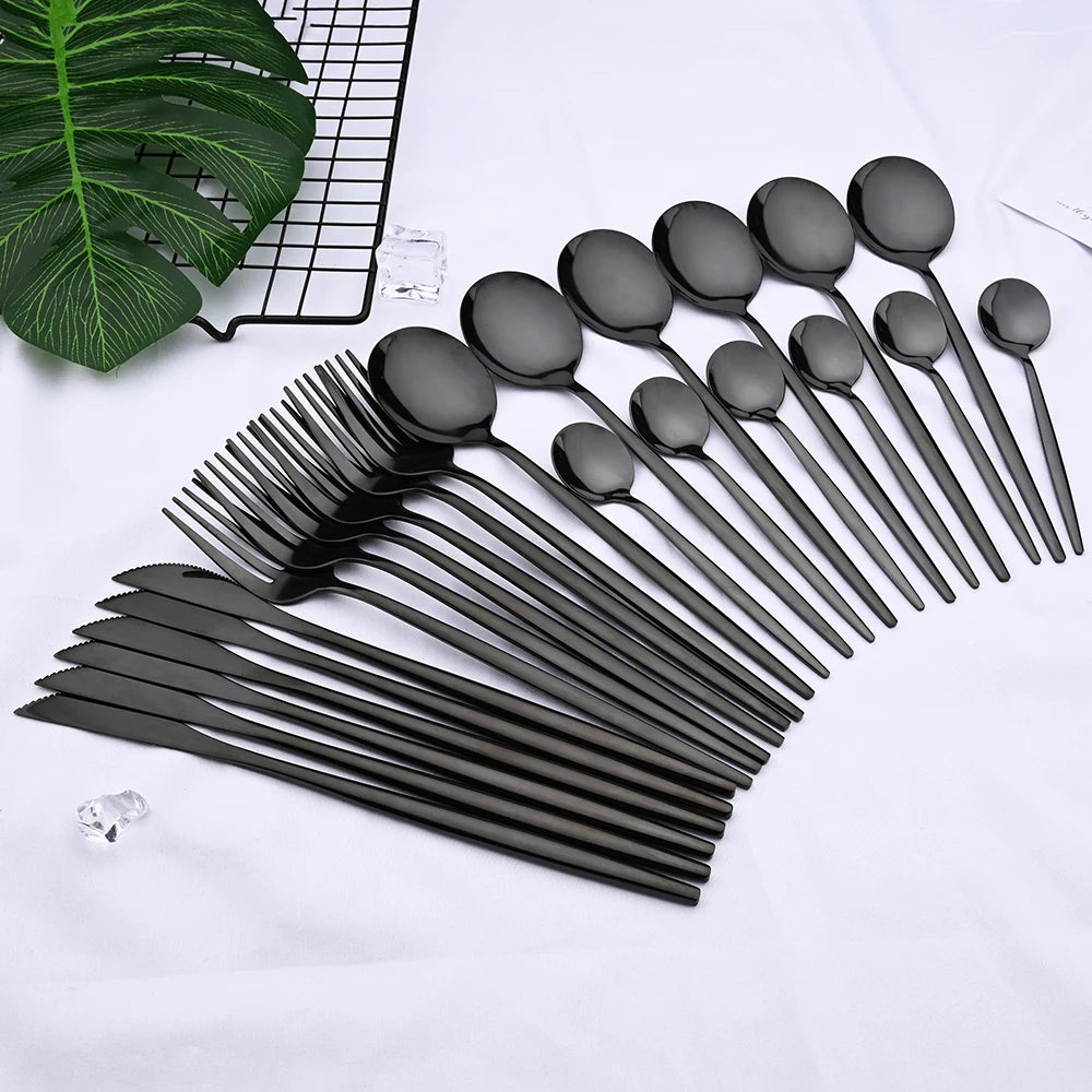 24-Piece Black Stainless Steel Flatware Set – Modern & Stylish
