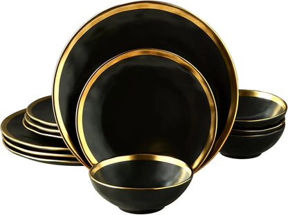 12-Piece Luxury Bone China Dinnerware Set – Gold-Rimmed Elegance