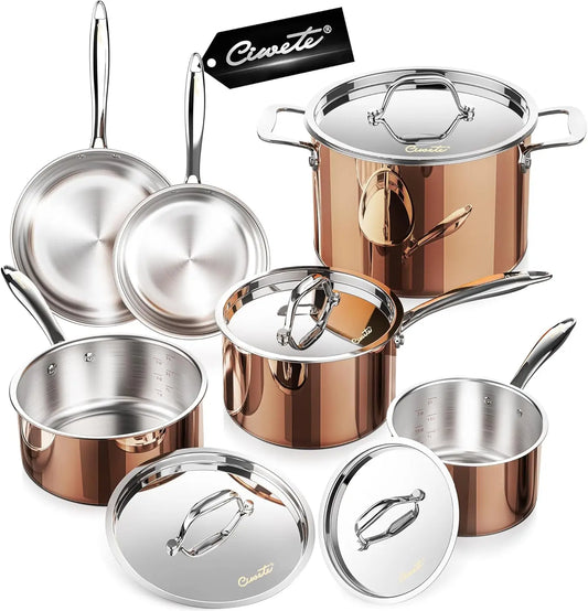 10-Piece Copper Tri-Ply Stainless Steel Cookware Set – Induction & Oven Safe