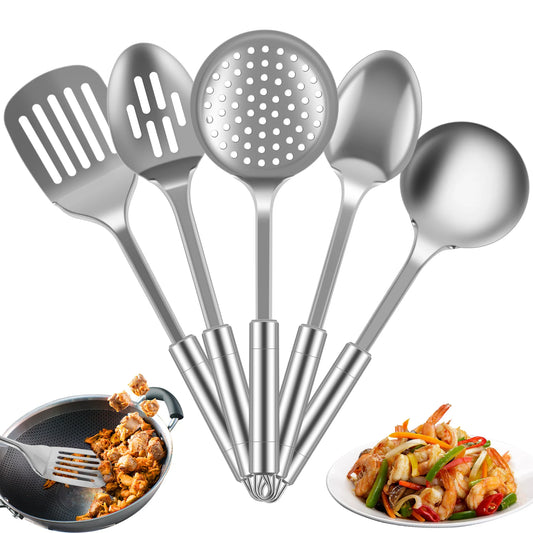 5-Piece Stainless Steel Kitchen Cooking Utensils Set | Heavy-Duty Reusable Spoons, Spatula, and Strainer