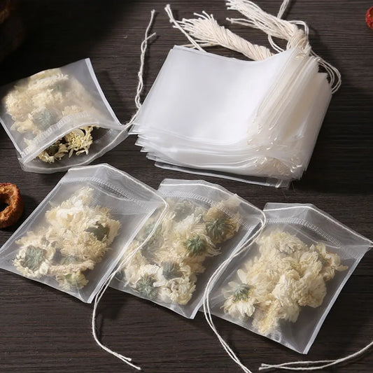100-Piece Disposable Tea Bag Filter Bags with Drawstring Closure | Food-Grade Non-Woven Spice & Herbal Filters
