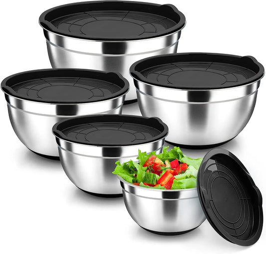 5-Piece Stainless Steel Mixing Bowl Set with Airtight Lids | Heavy-Duty Nesting Bowls for Baking and Serving