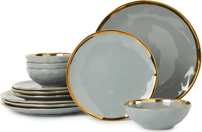 12-Piece Luxury Bone China Dinnerware Set – Gold-Rimmed Elegance