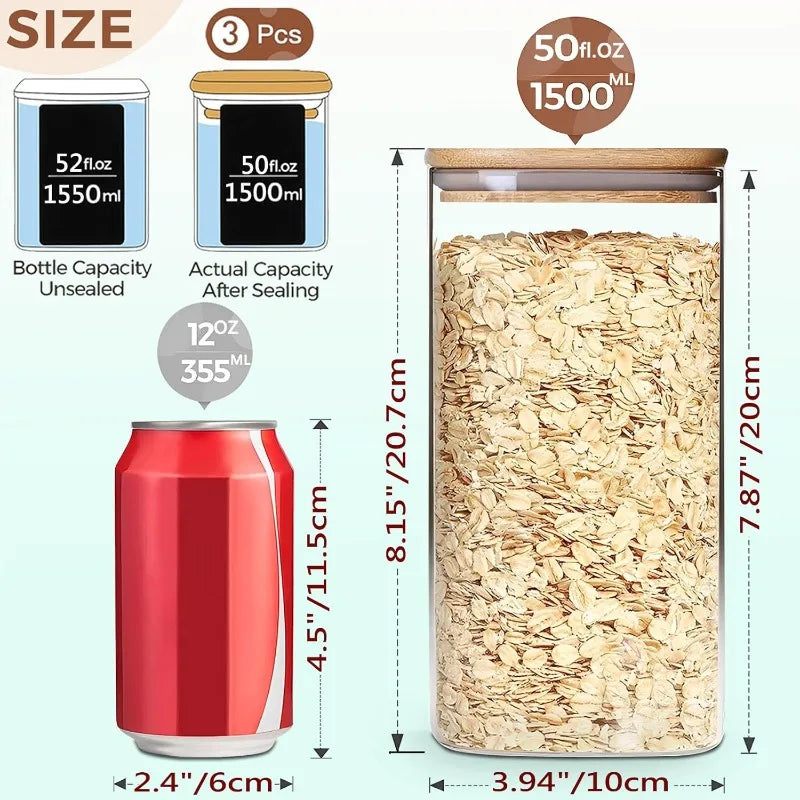 50 fl.oz Airtight Glass Storage Canister with Bamboo Lid – Clear & Durable