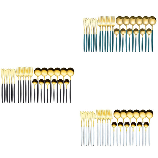 24-Piece Black & Gold Stainless Steel Cutlery Set – Elegant & Durable